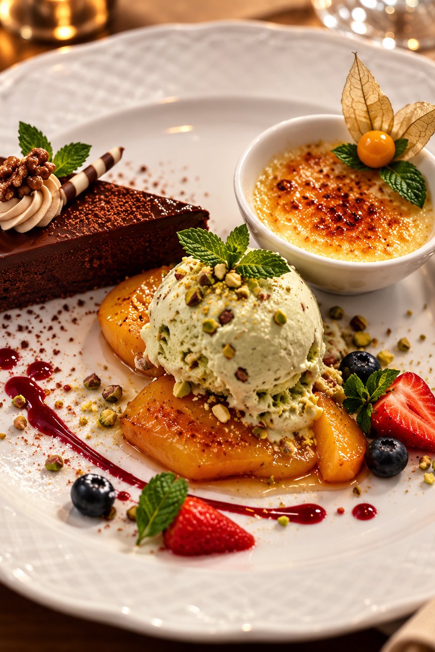Dessertvariation mit Schokoladentorte, Crème brûlée und Pistazieneis im s'Badisch Malsch